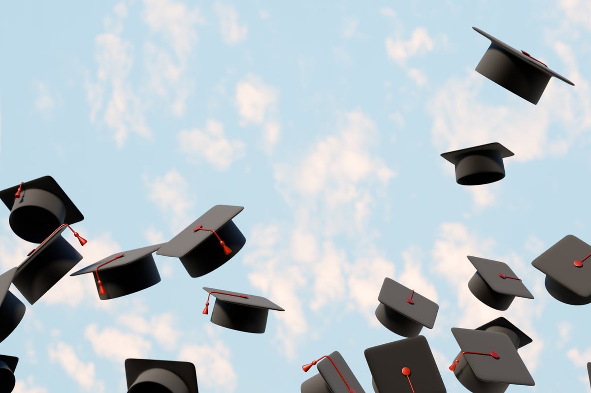 Graduation caps thrown into the sky in celebration 3D rendering