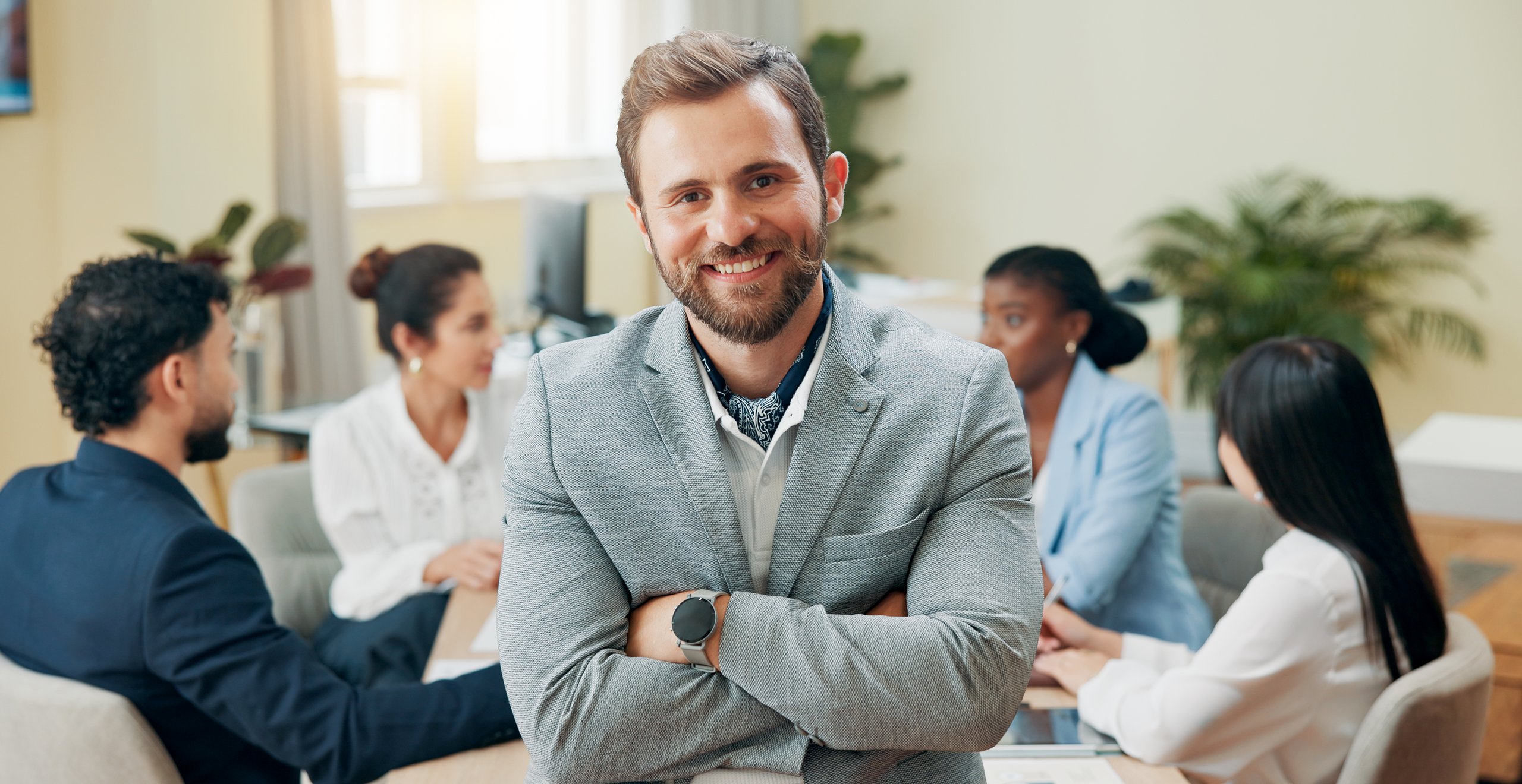 Portrait business people and man with arms crossed meeting and planning