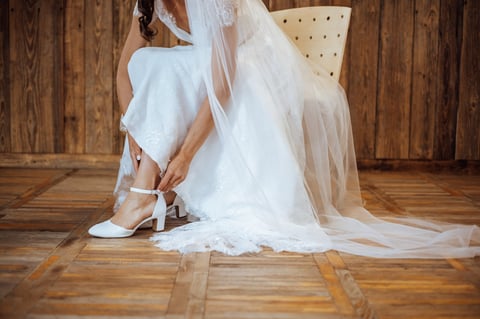 Bride adjusting heels