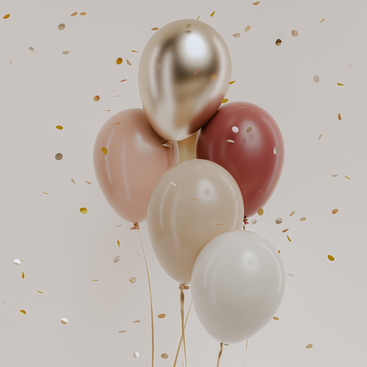Elegant bunch of helium balloons in pastel and gold colors floating on beige background with golden confetti