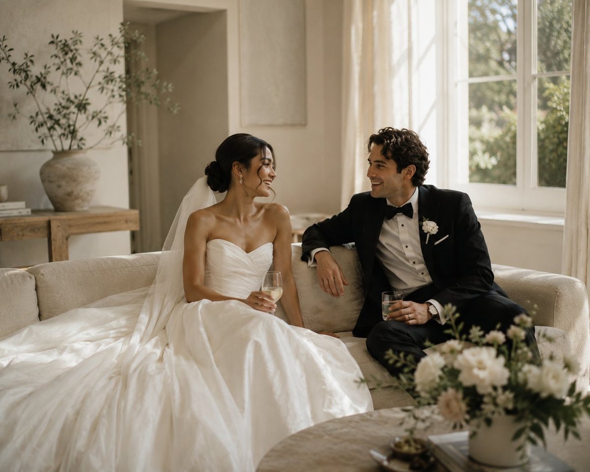 Bride and groom sitting on a couch in a bright room, smiling at each other on their wedding day