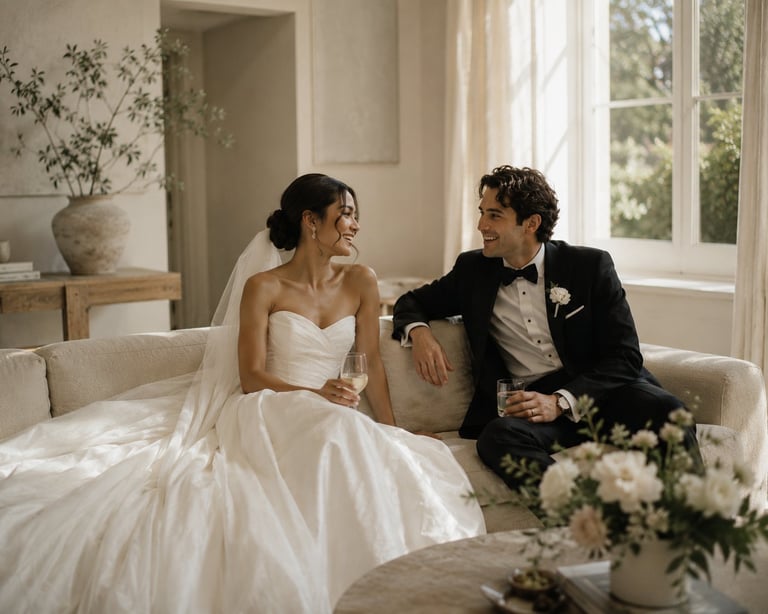 Bride and groom sitting on a couch in a bright room, smiling at each other on their wedding day