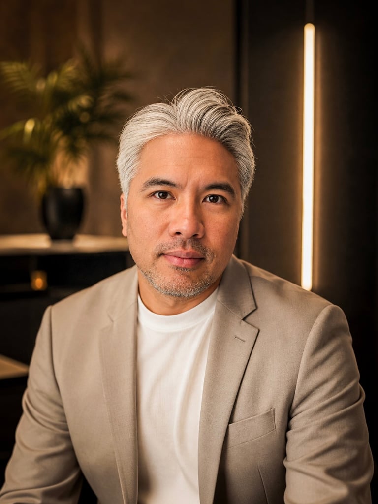 Middle-aged man with gray hair wearing a beige blazer and white shirt against a warm-lit interior background