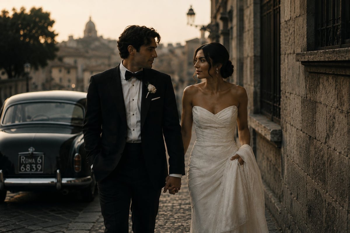 Newlyweds walk hand in hand down a historic cobblestone street beside a vintage car, with a domed building visible in the background
