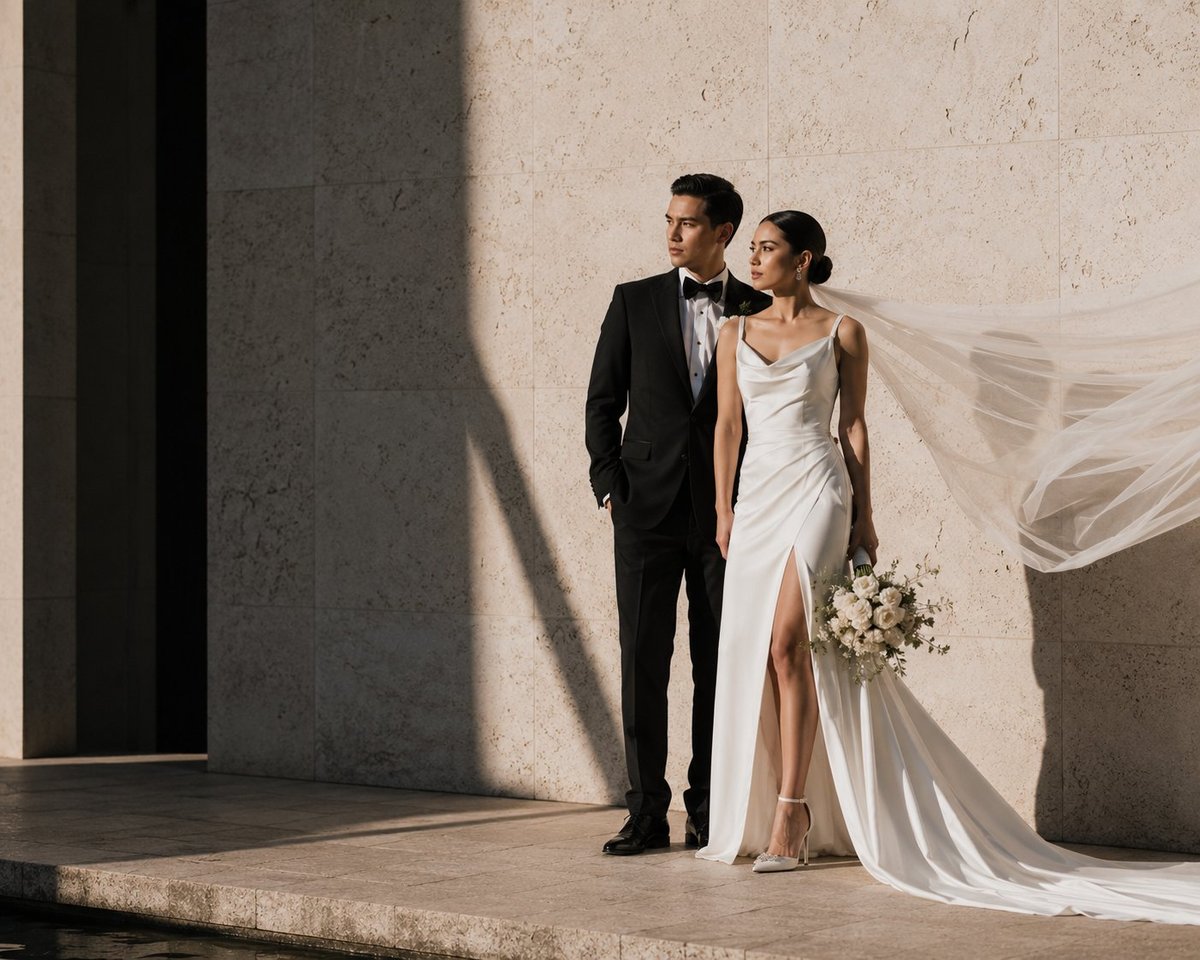Groom in black tuxedo and bride in white flowing gown holding white bouquet stand together against concrete walls