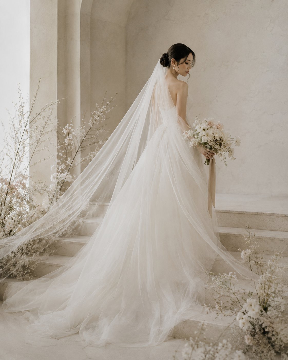 Bride in flowing white wedding gown with long veil and white flower bouquet, standing in minimalist beige interior with dried flower arrangements
