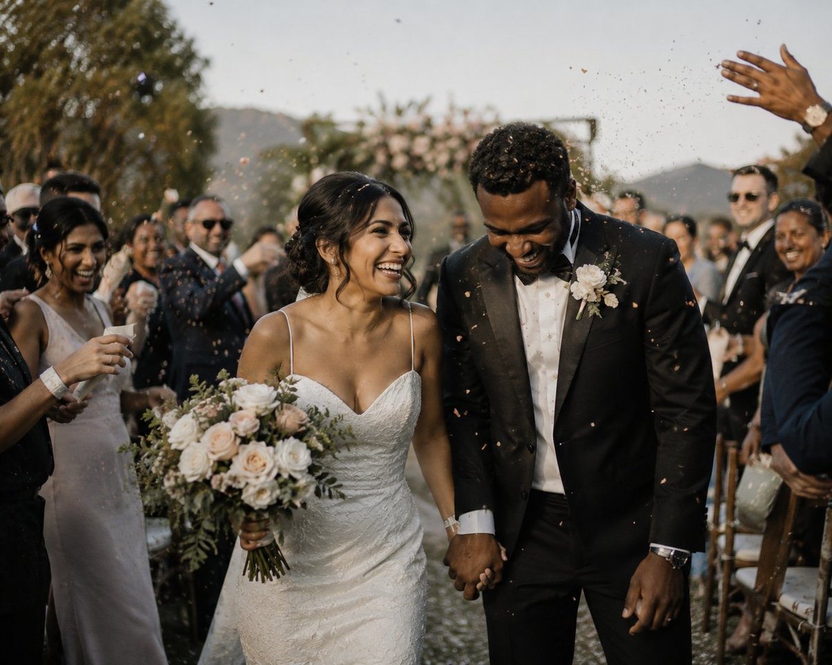 Bride and groom walk down the aisle at outdoor wedding ceremony, showered with flower petals by guests
