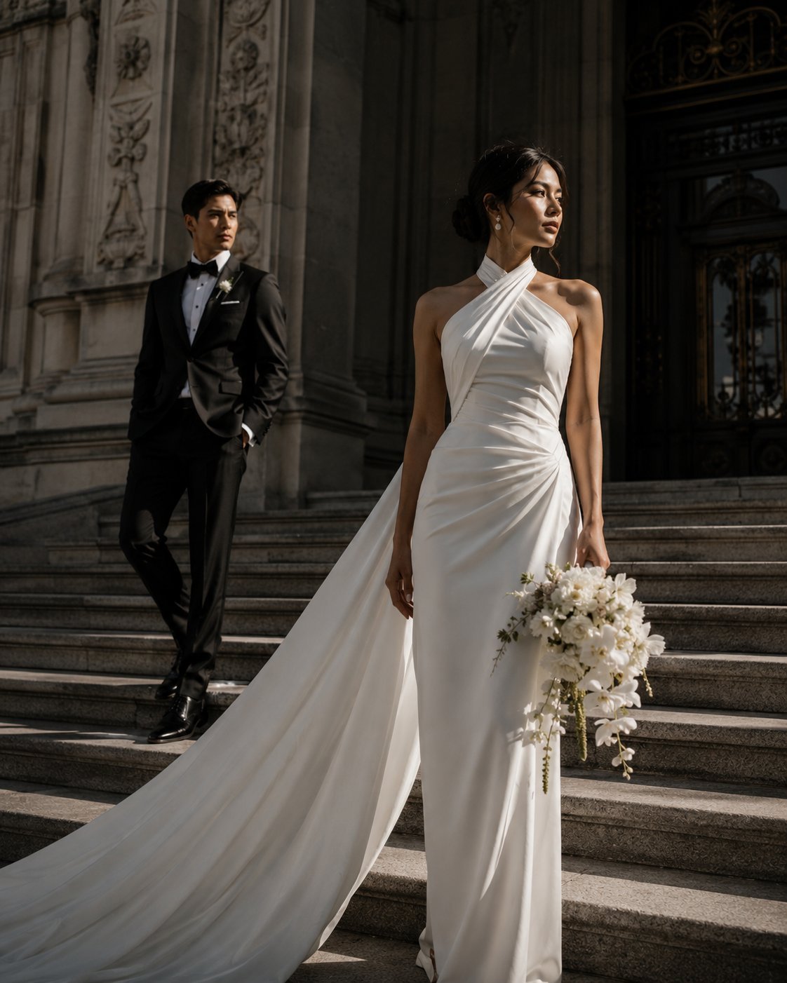 Bride in white halter gown with train and groom in black tuxedo on grand stone steps of classical building