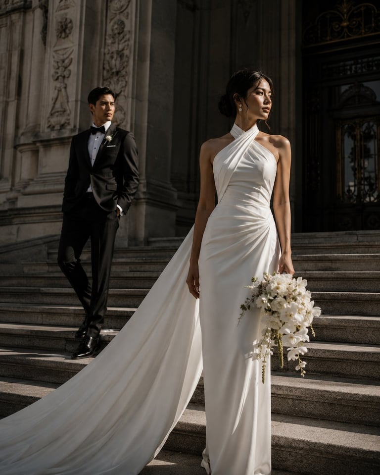 Bride in white halter gown with train and groom in black tuxedo on grand stone steps of classical building