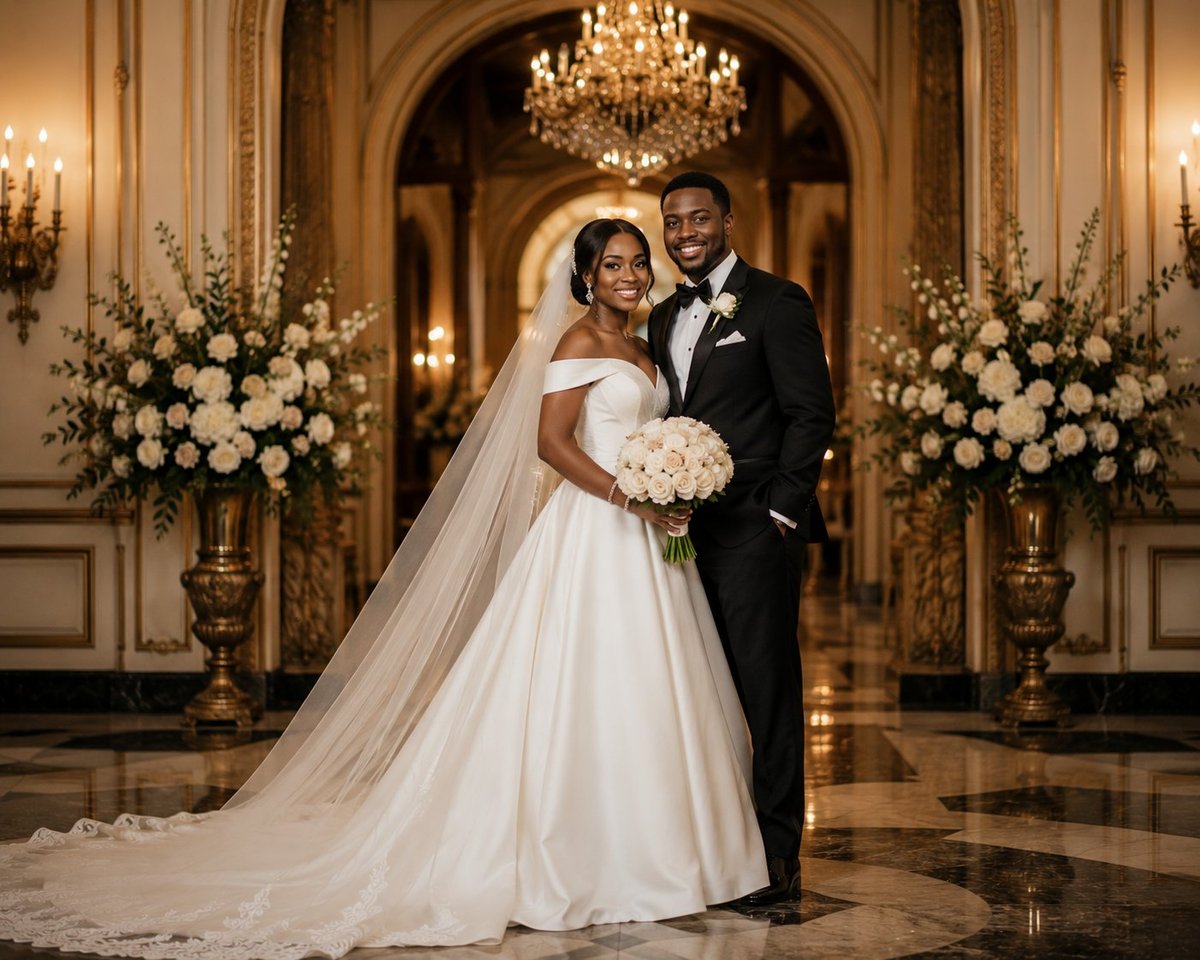 Bride and groom posing in elegant ballroom with crystal chandelier, ornate gold details, and white floral arrangements