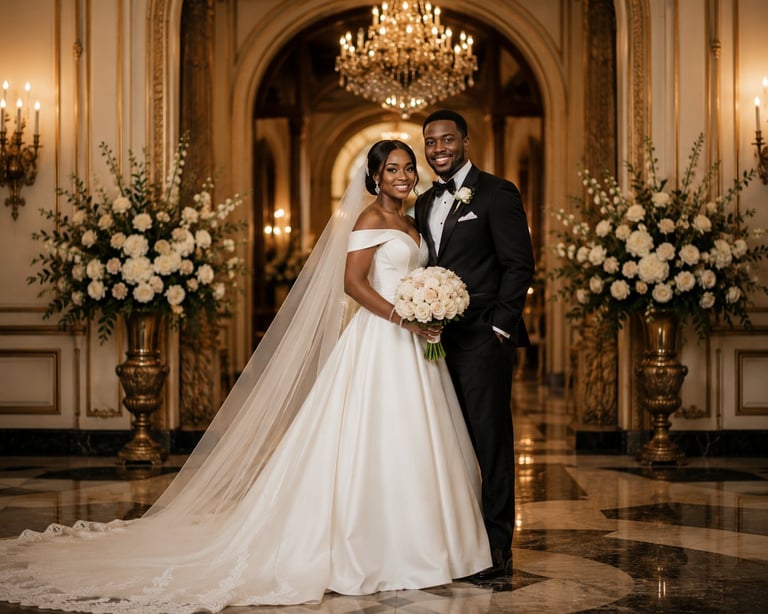 Bride and groom posing in elegant ballroom with crystal chandelier, ornate gold details, and white floral arrangements