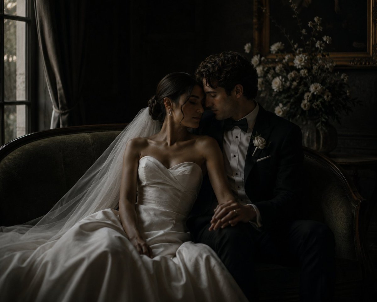 Bride and groom sitting together on a dark sofa, intimately gazing at each other in an elegant interior setting