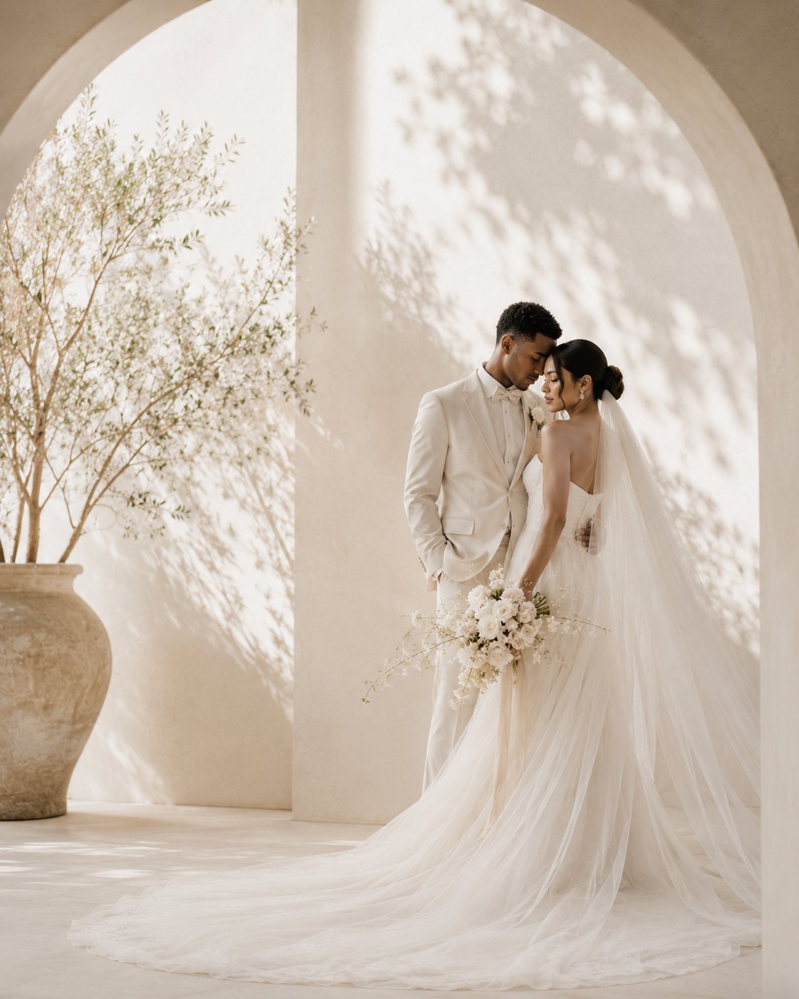 Bride and groom posing together in a minimalist white archway with dried flower arrangement and flowing veil